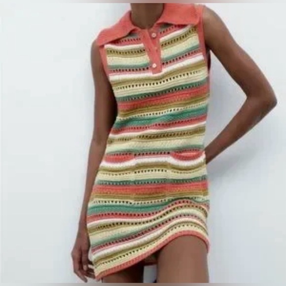 Zara Dresses & Skirts - Zara Multicolor Crochet Dress Size Large Cottagecore Y2K